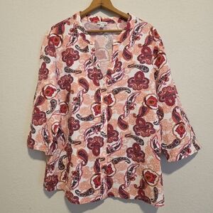 Rebecca Malone Top Floral Paisley Button Up Roll Tab Sleeve Seersucker XL